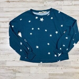 Liberty Love Teal Blue White Star Print Long Sleeve Sweatshirt Top Women's Small